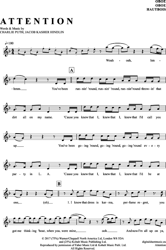 Produktgalerie: Seite 1 von 5 Attention , Charlie Puth, (Oboe)