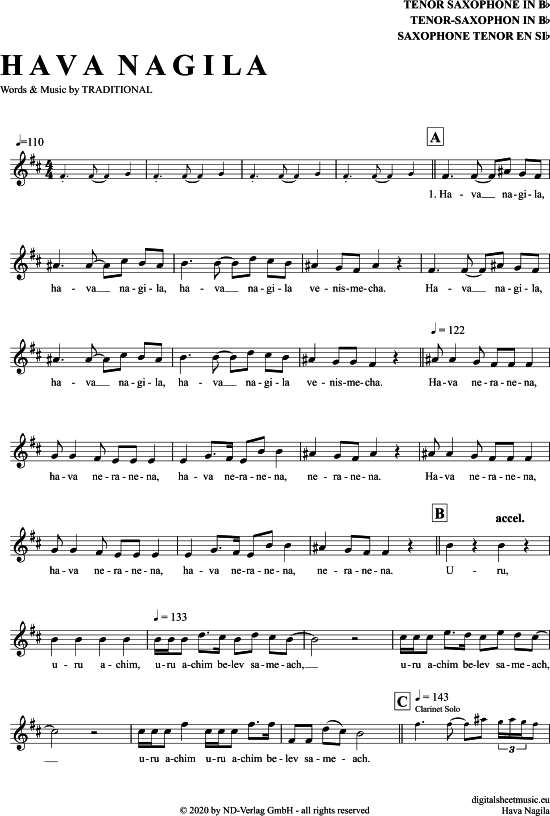 Product gallery: Page 1 of 4 Hava Nagila , , Tenor Saxophone