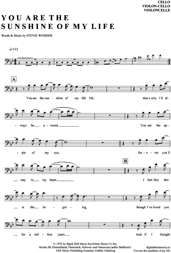 Produktgalerie: Seite 1 von 4 You are the sunshine of my life , Wonder, Stevie, (Violon-Cello)