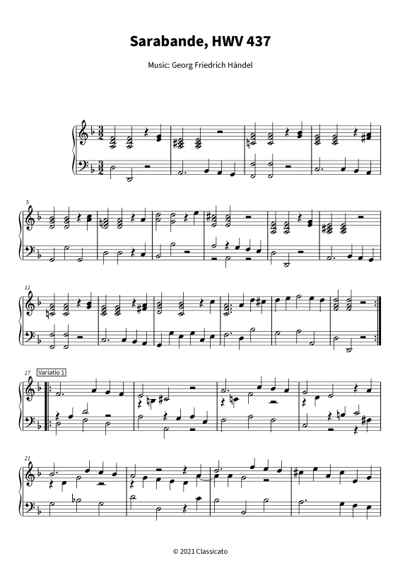 Produktgalerie: Seite 1 von 6 Sarabande - Suite Nr. 4 d-Moll HWV 437, , Klavier Solo