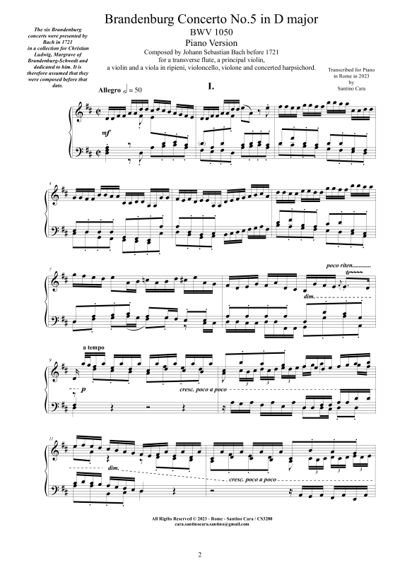 Produktbild zu: Brandenburgisches Konzert Nr. 5 D-Dur BWV 1050 - Piano VersionJohann Sebastian Bach
