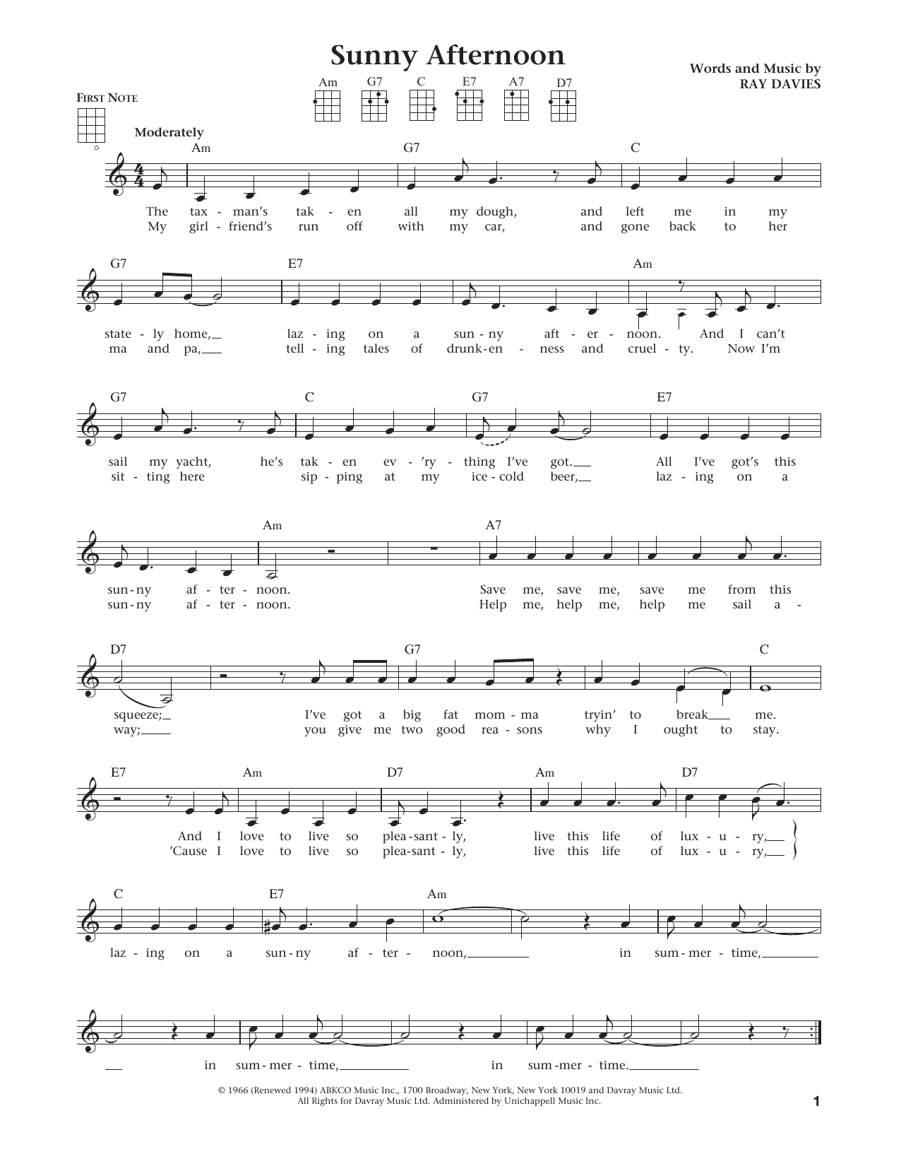 Product gallery: Page 1 of 1 Sunny Afternoon (from The Daily Ukulele) (arr. Liz and Jim Beloff), The Kinks
