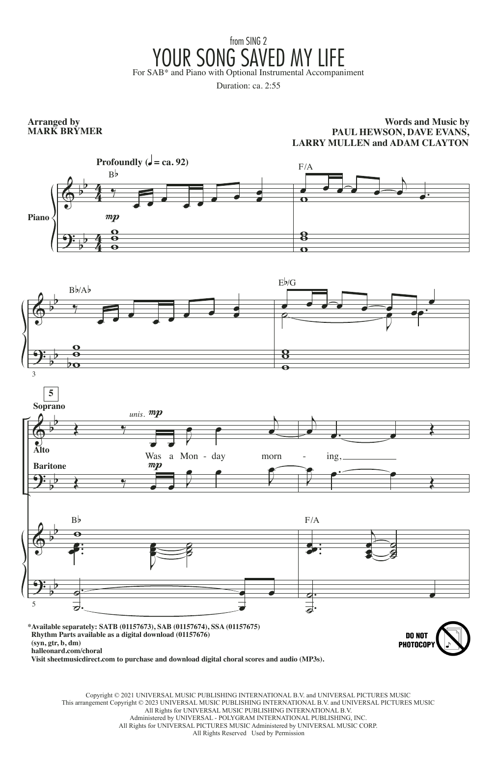 Produktbild zu: Your Song Saved My Life (from Sing 2) (arr. Mark Brymer)