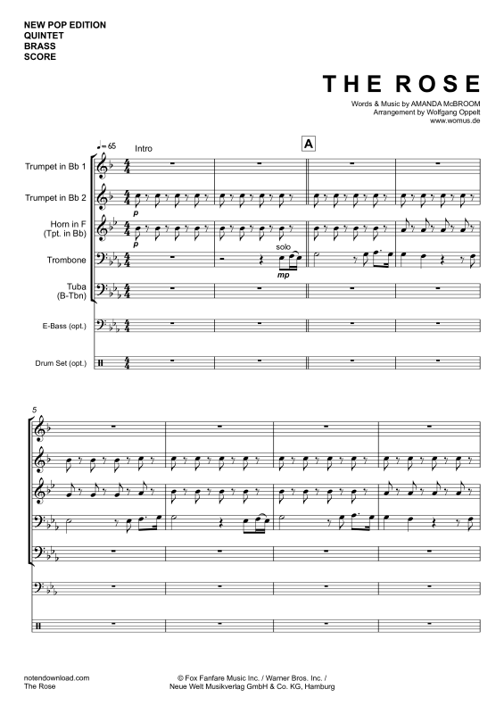 Produktgalerie: Seite 1 von 11 The Rose, Midler, Bette, Blechbläser Quintett/Ensemble/Band/Chor E- Bass & Drum Set opt.