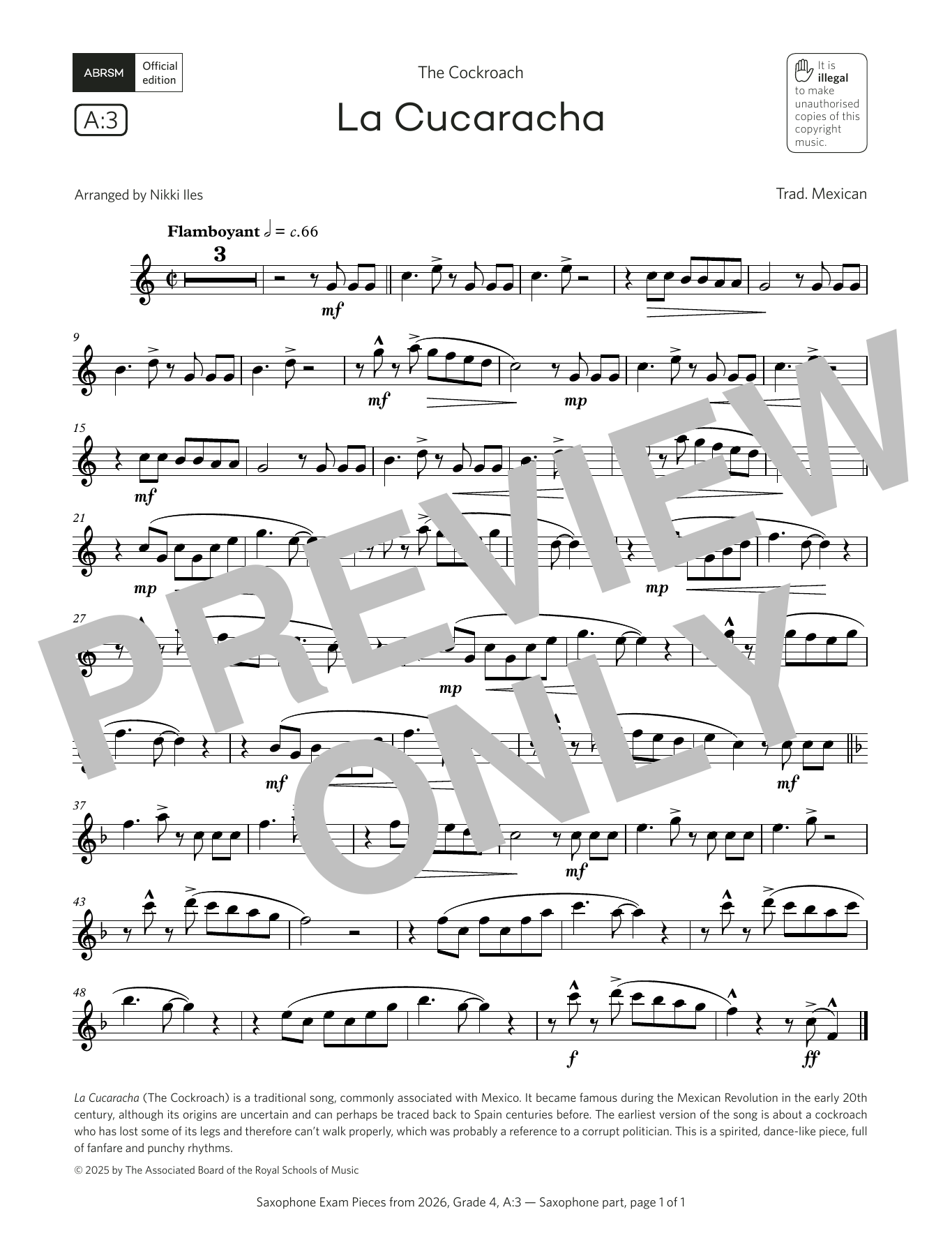 Product gallery: Page 1 of 1 La Cucaracha (Grade 4, list A3, from the ABRSM Saxophone Syllabus from 2026), Trad. Mexican