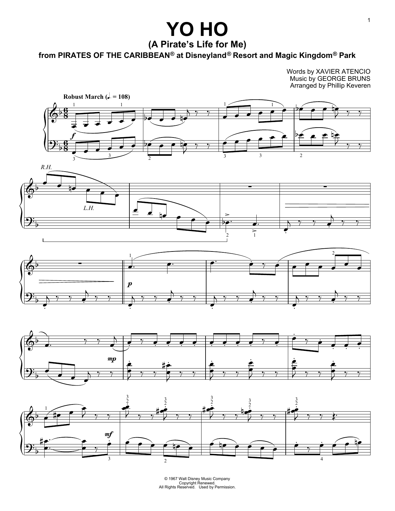 Product gallery: Page 1 of 1 Yo Ho (A Pirate's Life For Me) [Ragtime version] (arr. Phillip Keveren), George Bruns