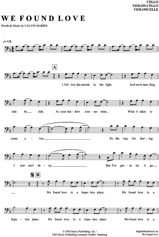 Produktgalerie: Seite 1 von 4 We found love , Rihanna feat. Calvin Harris, (Violon-Cello)