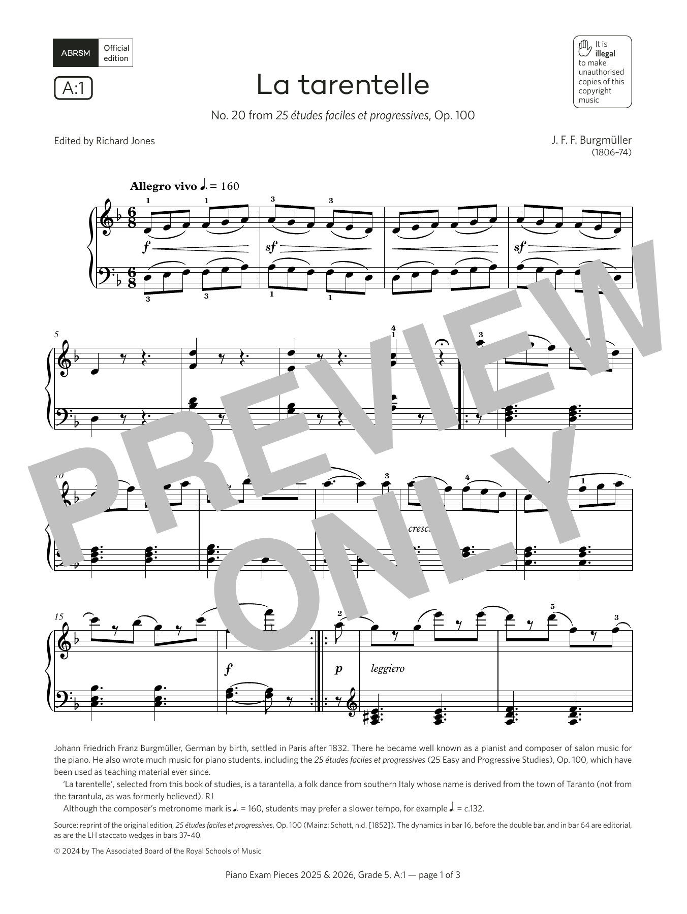 Produktbild zu:  La tarentelle (Grade 5, list A1, from the ABRSM Piano Syllabus 2025 & 2026) - J. F. F. Burgmüller