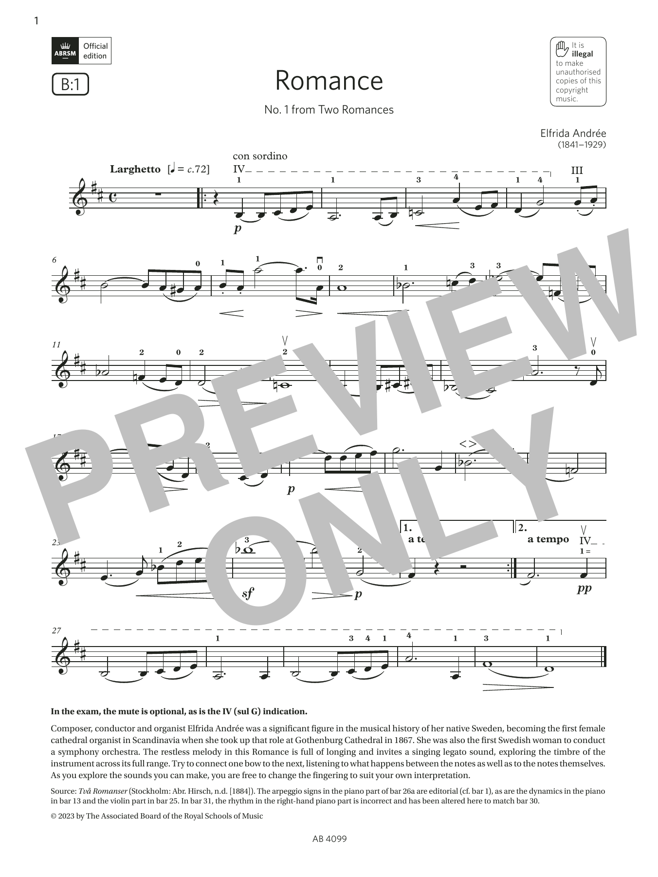 Produktbild zu:  Romance (Grade 5, B1, from the ABRSM Violin Syllabus from 2024) - Elfrida Andrée