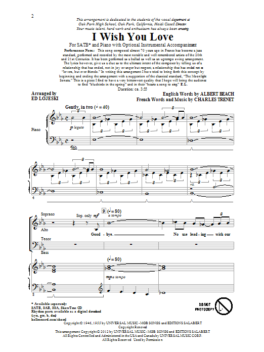 Produktgalerie: Seite 1 von 1 I Wish You Love (arr. Ed Lojeski), Gloria Lynne, Chor