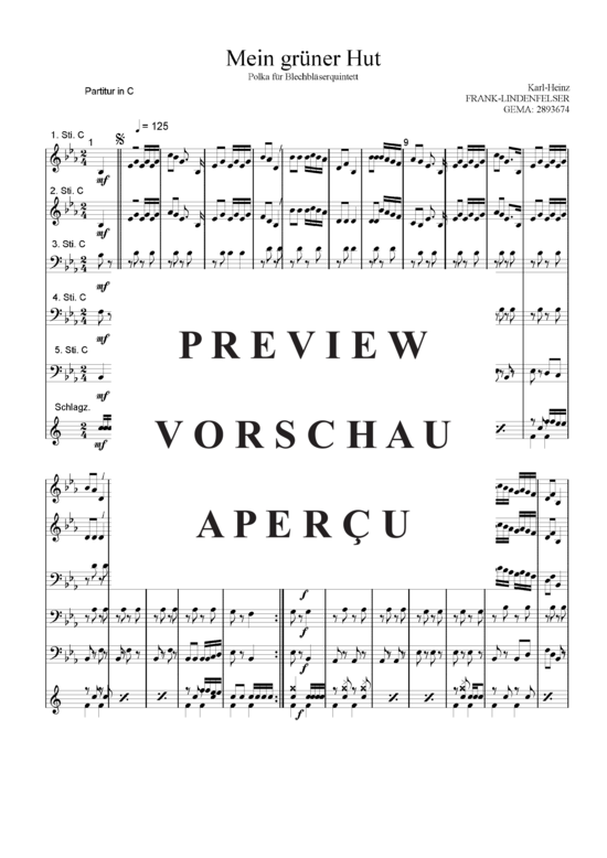 Produktgalerie: Seite 2 von 21 Mein Grüner Hut , Blasorchester Fatamo, (Blechbläser Quintett - Flexible Besetzung + Schlagzeug)