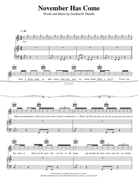 Produktgalerie: Seite 1 von 1 November Has Come, Gorillaz, Gesang, Gitarre, Klavier