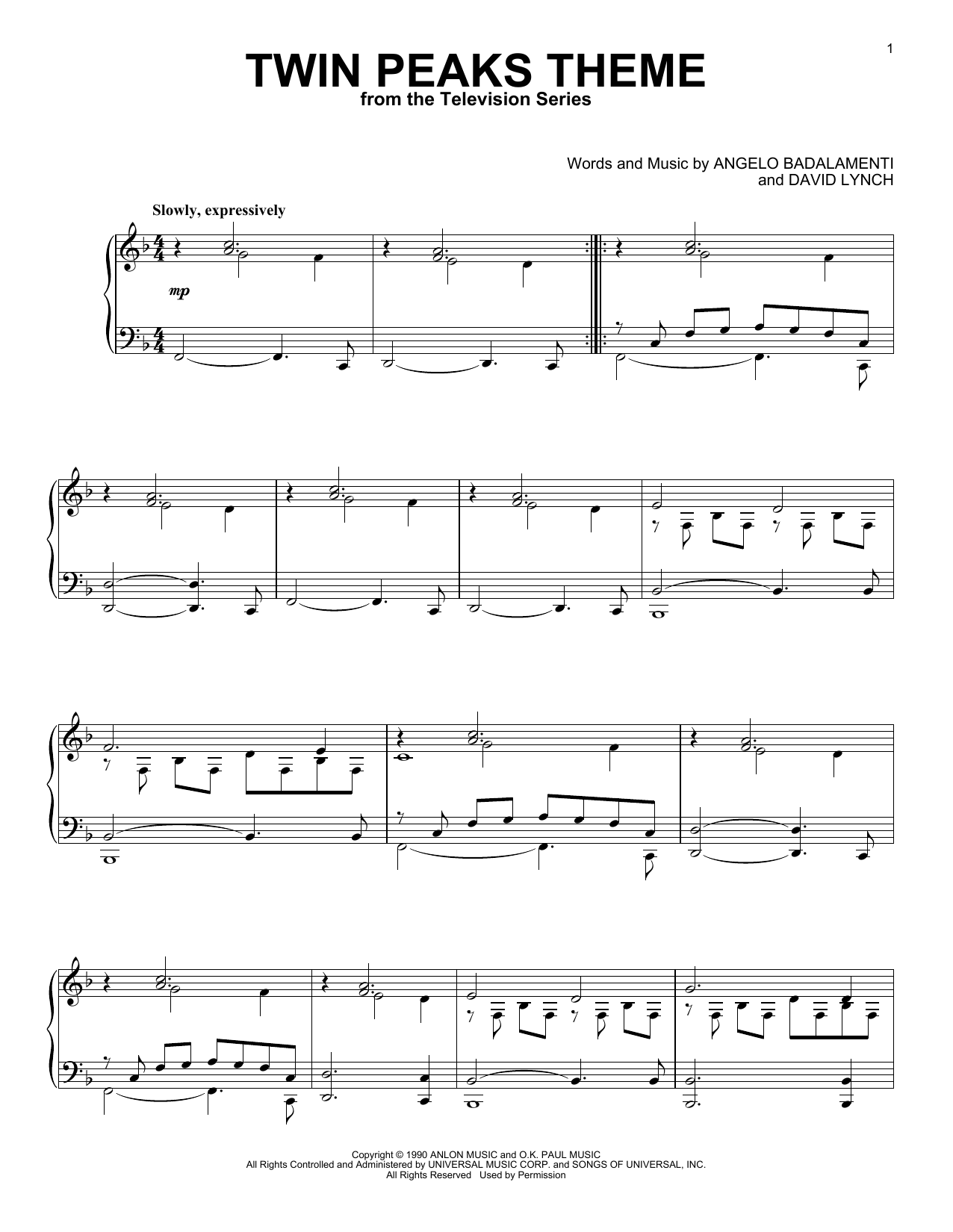 Product gallery: Page 1 of 1 Twin Peaks Theme, Angelo Badalamenti