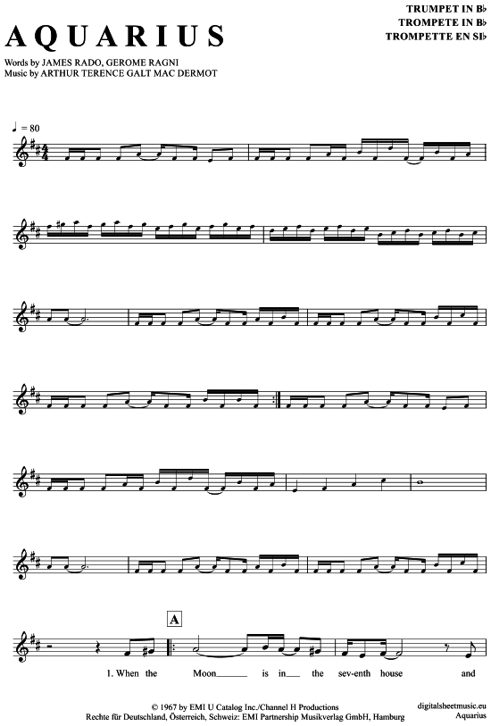Produktgalerie: Seite 1 von 4 Aquarius , Hair (Musical), Trompete in B