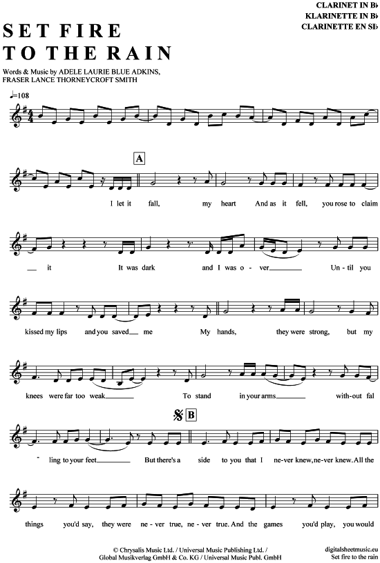 Product gallery: Page 1 of 4 Set fire to the rain , Adele, Clarinet in B-flat