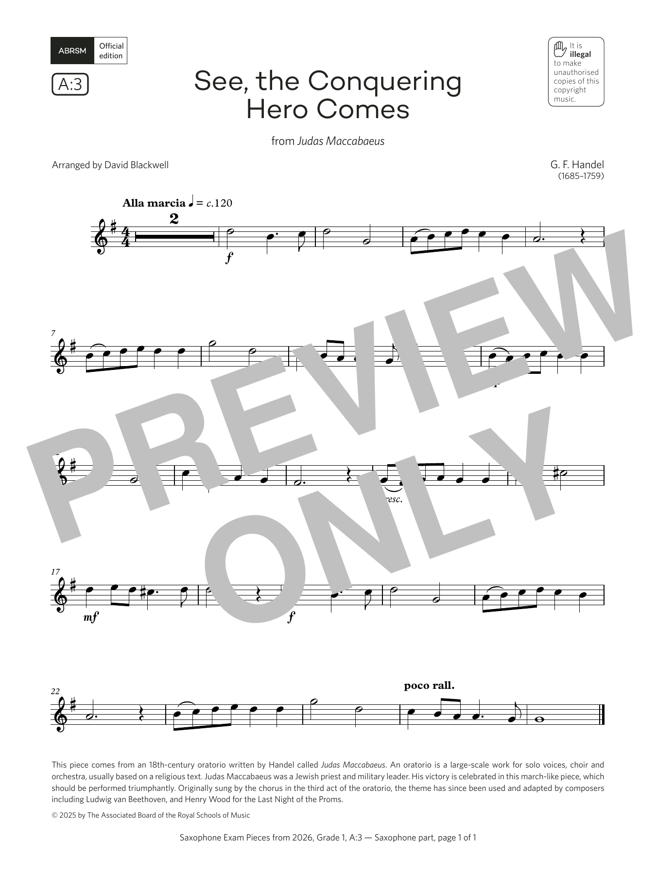 Product gallery: Page 1 of 1 See, the Conquering (Grade 1, list A3, from the ABRSM Saxophone Syllabus from 2026), George Frideric Handel