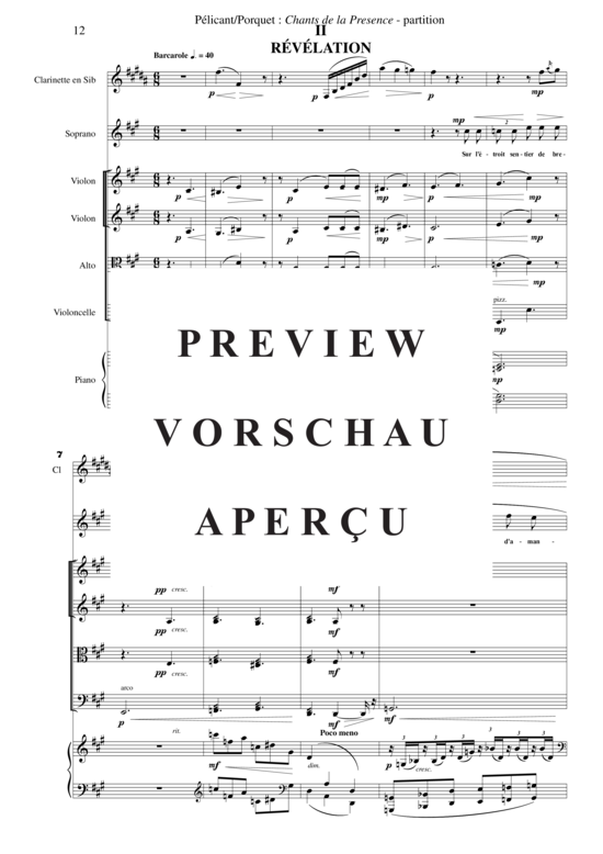 Product gallery: Page 15 of 21 Chants de la Présence , , (Mixed ensemble for soprano, clarinet in Bb + string quartet, piano)
