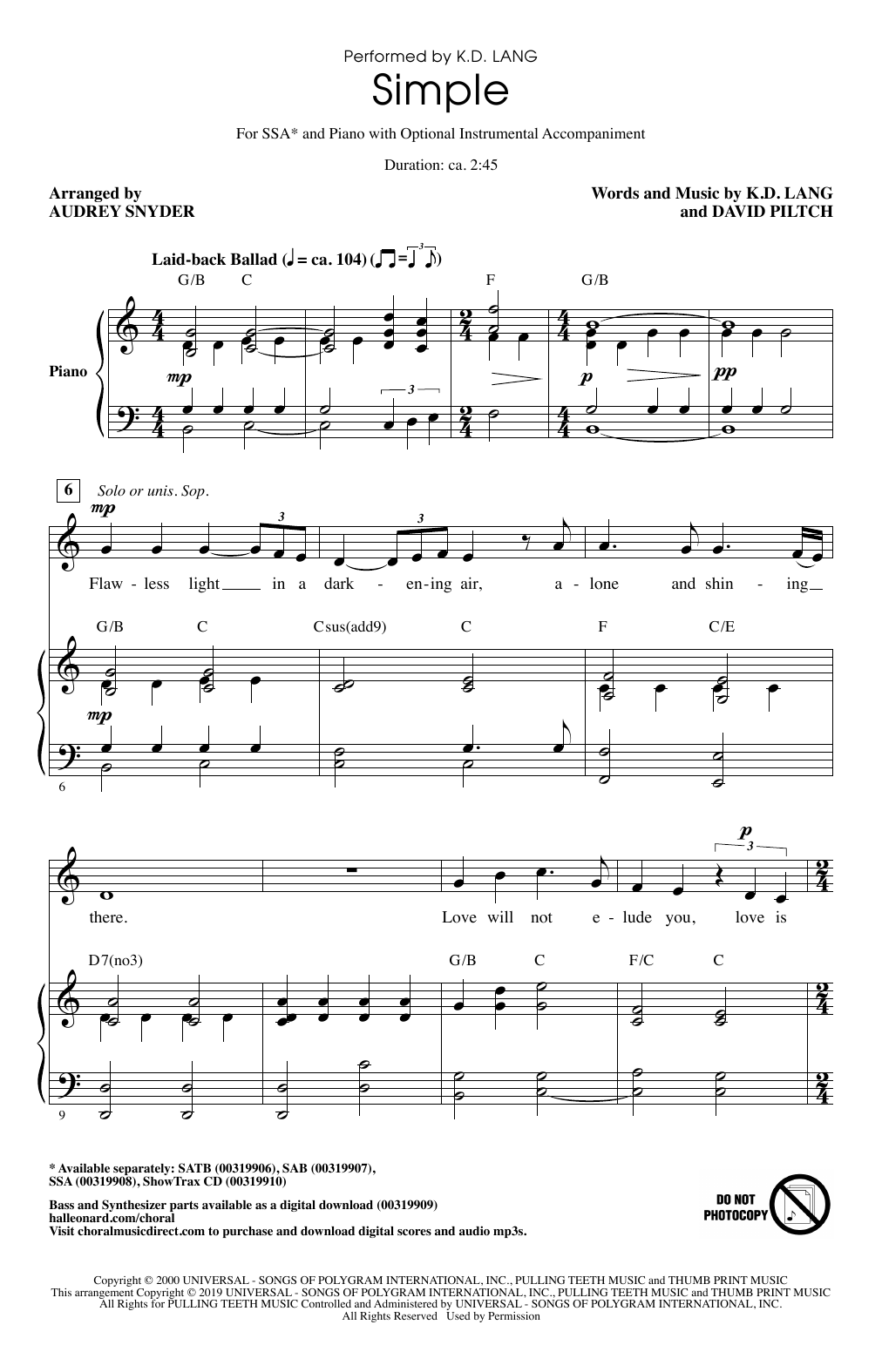 Produktgalerie: Seite 1 von 1 Simple (arr. Audrey Snyder), k.d. lang, Chor