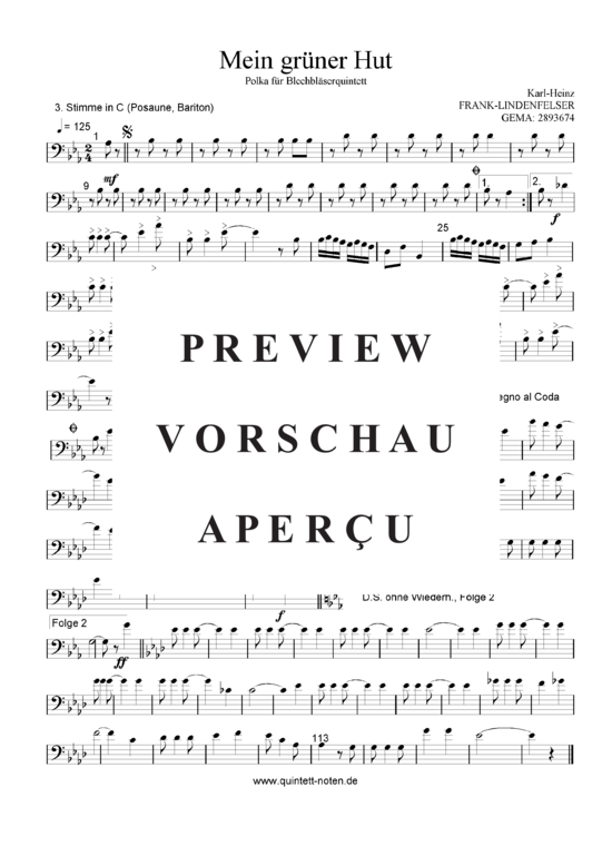 Produktgalerie: Seite 15 von 21 Mein Grüner Hut , Blasorchester Fatamo, (Blechbläser Quintett - Flexible Besetzung + Schlagzeug)