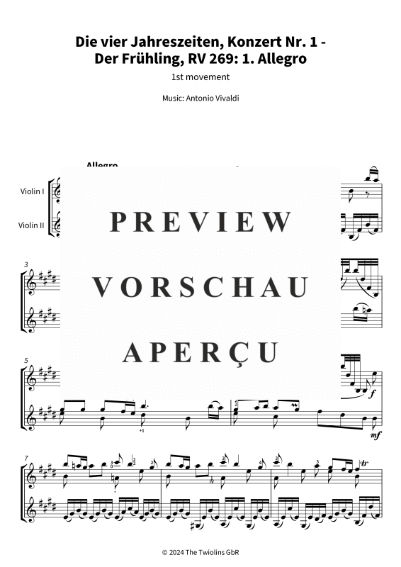 Produktgalerie: Seite 4 von 9 Die vier Jahreszeiten, Konzert Nr. 1 - Der Frühling - 1. Allegro, The Twiolins, (Duett 2x Violine)