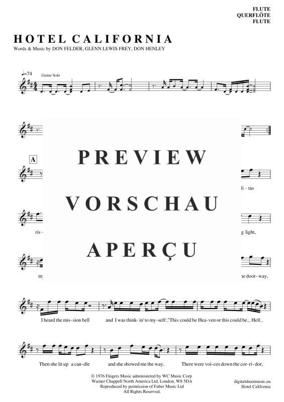 Product gallery: Page 2 of 5 Hotel California, Eagles, The, (transverse flute)