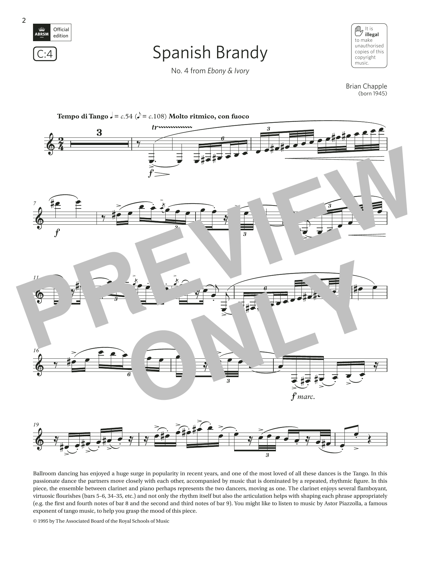 Product gallery: Page 1 of 1 Spanish Brandy (No4 from Ebony & Ivory)(Grade 6 List C4 from the ABRSM Clarinet syllabus from 2022), Brian Chapple