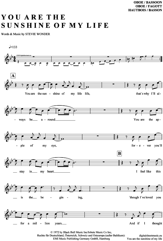 Produktgalerie: Seite 1 von 4 You are the sunshine of my life , Wonder, Stevie, (Oboe / Fagott)