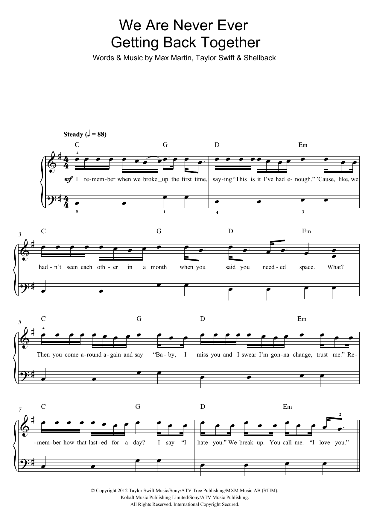 Produktgalerie: Seite 1 von 1 We Are Never Ever Getting Back Together, Taylor Swift, Gesang, Gitarre, Klavier