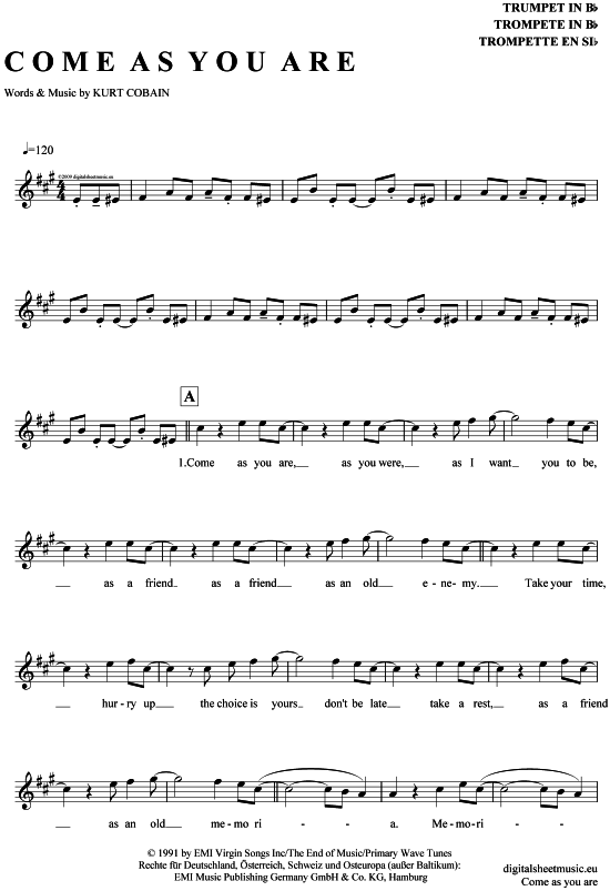 Produktgalerie: Seite 1 von 4 Come as you are , Nirvana, Trompete in B