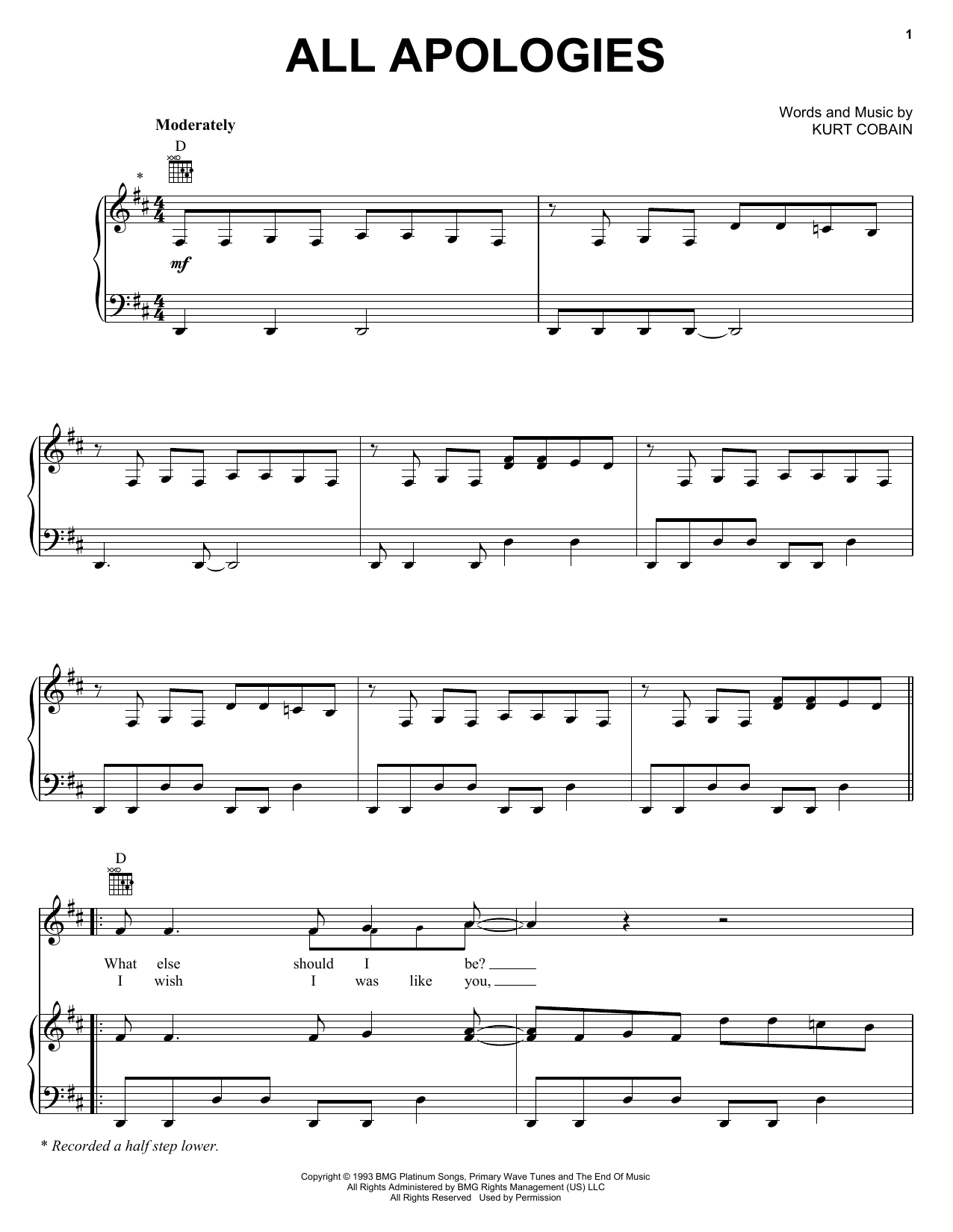 Produktgalerie: Seite 1 von 1 All Apologies, Nirvana, Gesang, Gitarre, Klavier