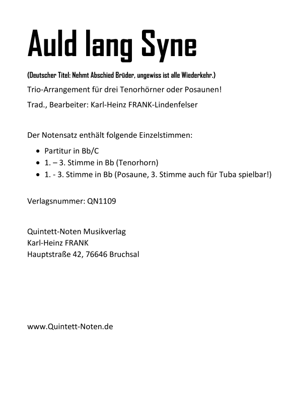 cover: Auld Lang Syne, , Tenor Horn Trio Or Trombone Trio