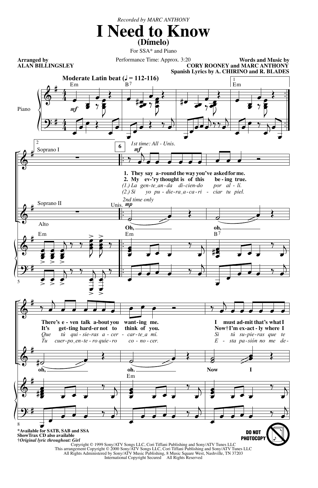 Produktgalerie: Seite 1 von 1 I Need To Know (Dimelo) (arr. Alan Billingsley), Marc Anthony, Chor