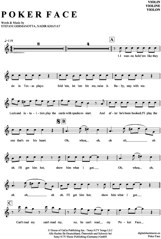 Product gallery: Page 1 of 4 Poker Face , Lady GaGa, (violin)