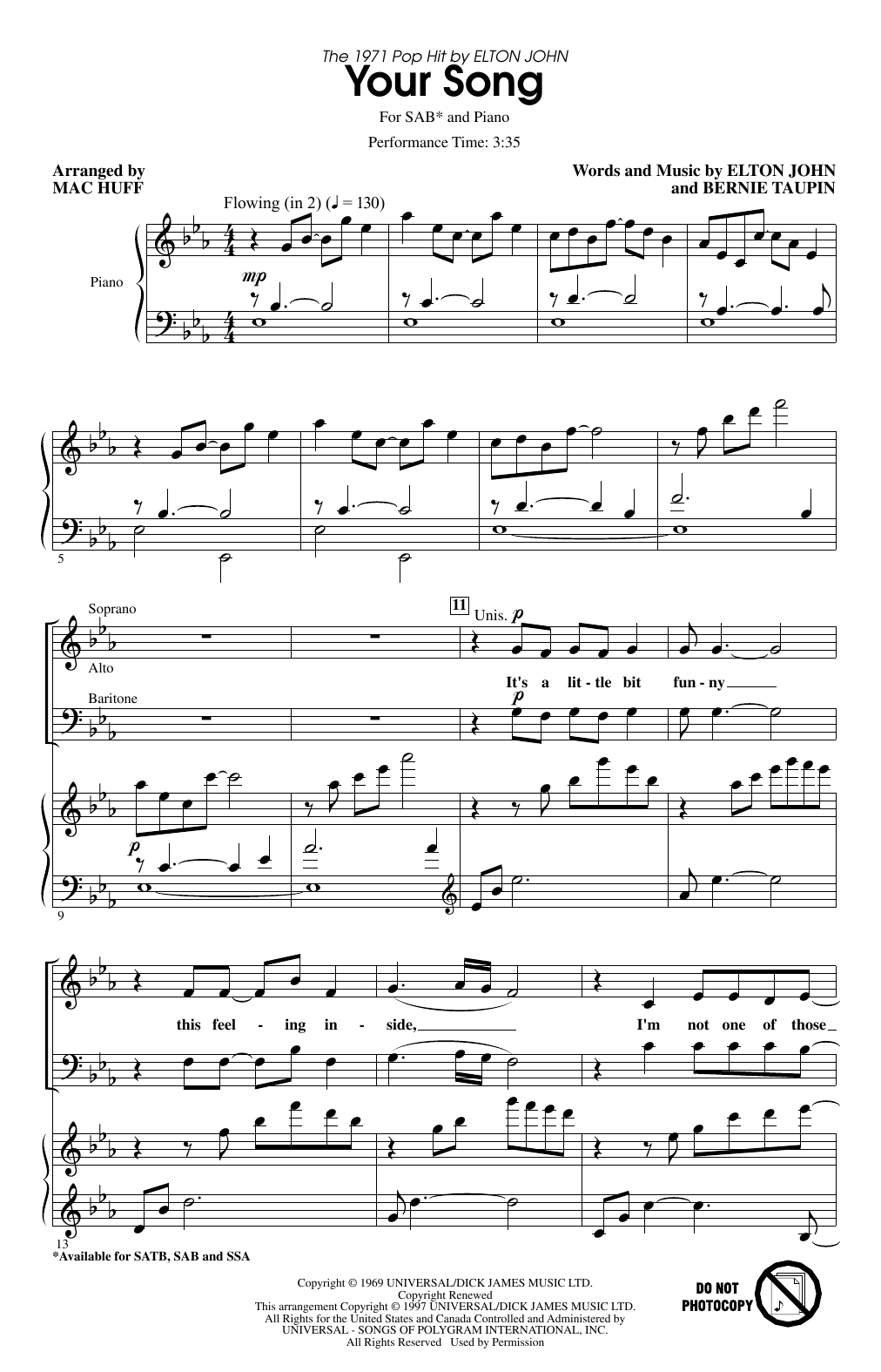 Product picture to:  Your Song (arr. Mac Huff) - Elton John