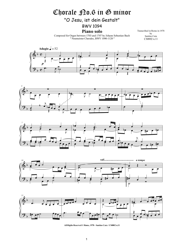 Product picture to: Choral No.6 in G-Moll (O Jesu, ist dein Gestalt) BWV 1094Johann Sebastian Bach
