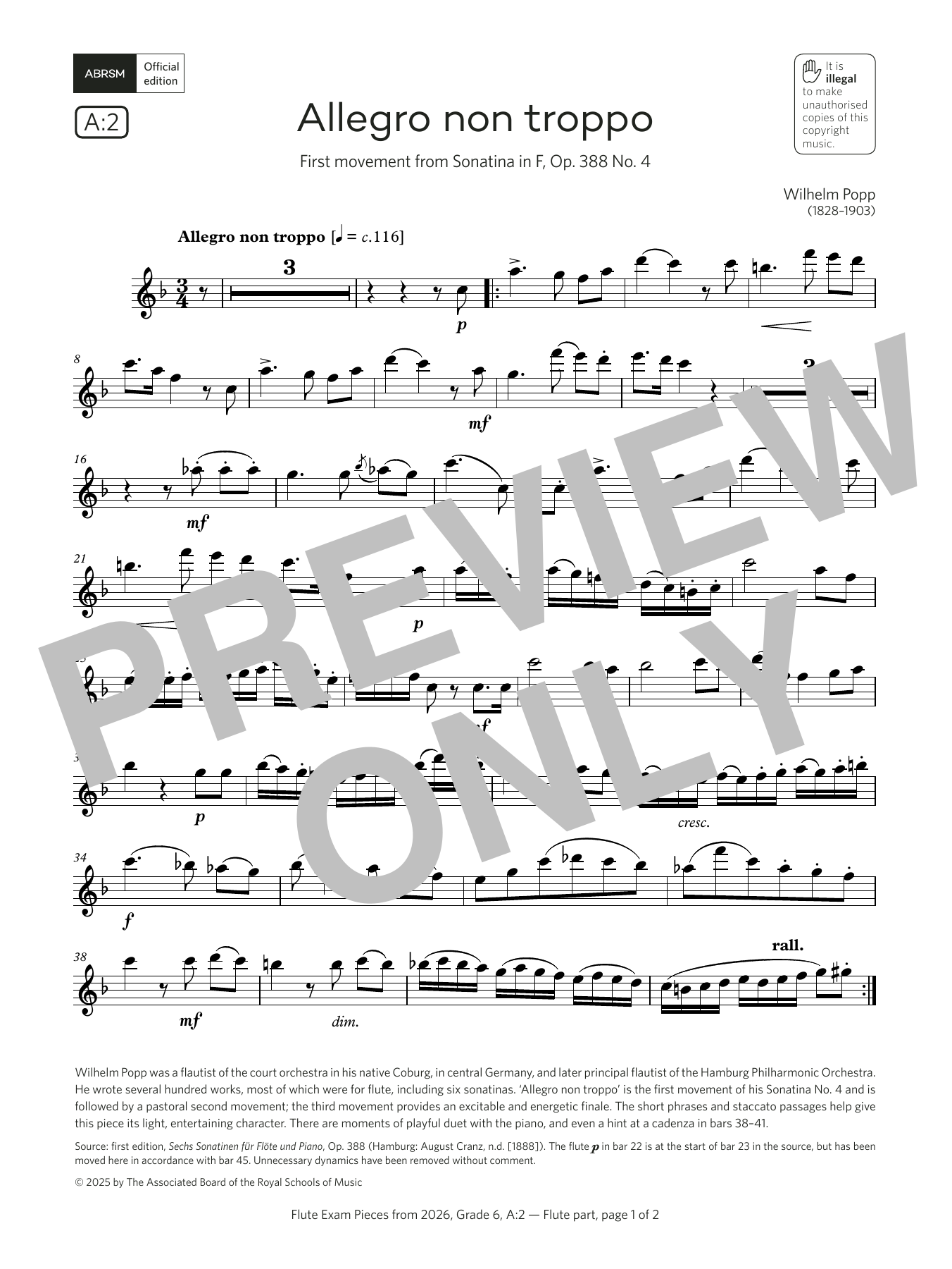 Product gallery: Page 1 of 1 Allegro non troppo (Grade 6, list A2, from the ABRSM Flute Syllabus from 2026), William Popp
