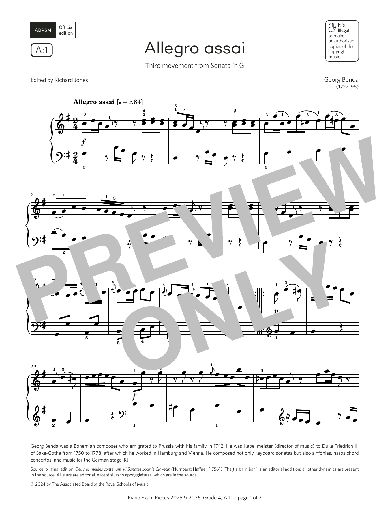 Produktbild zu:  Allegro assai (Grade 4, list A1, from the ABRSM Piano Syllabus 2025 & 2026) - Georg Benda