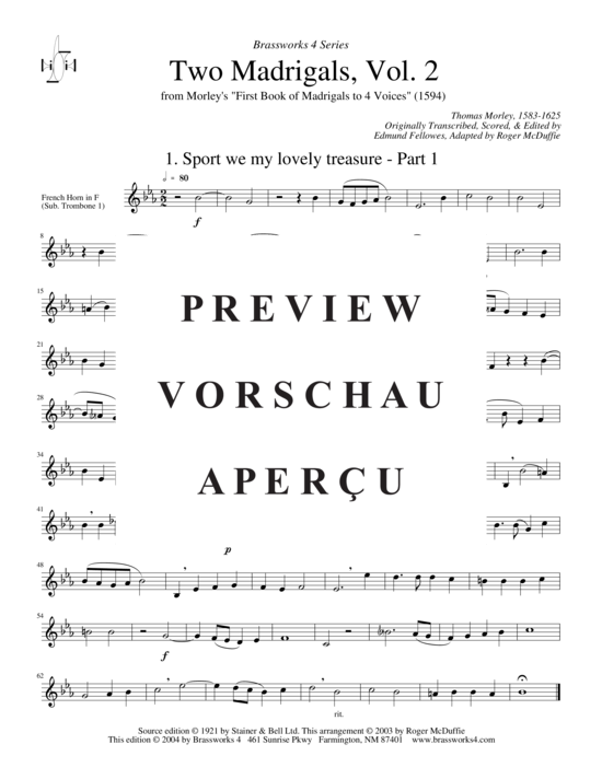 Produktgalerie: Seite 6 von 13 Zwei Madrigale Vol. 2, , (2xTrompete in B/C, Horn in F, Posaune)