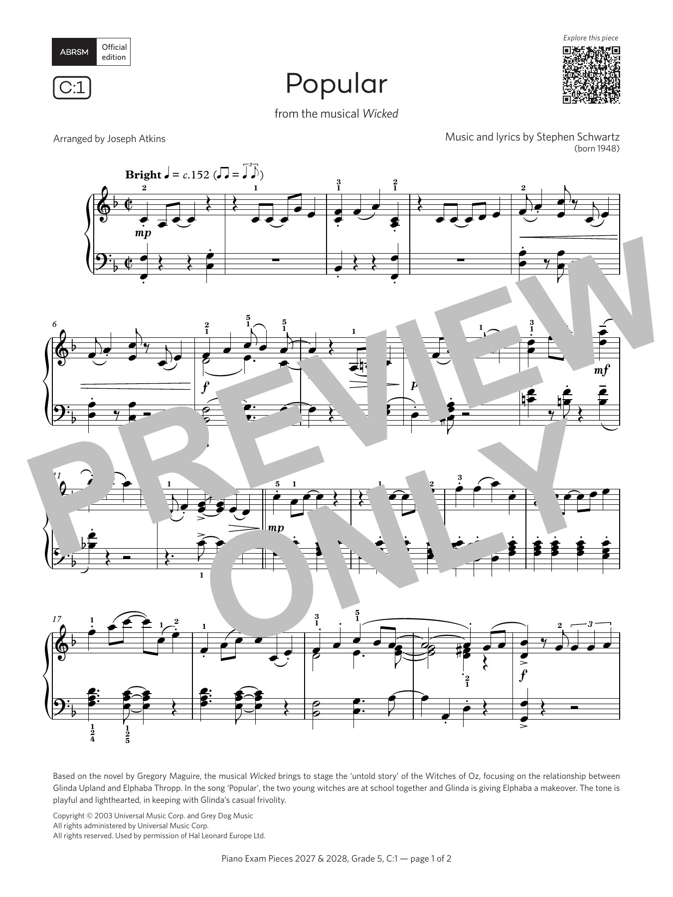 Product gallery: Page 1 of 1 Popular (Grade 5, list C1, from the ABRSM Piano Syllabus 2027 & 2028), Stephen Schwartz