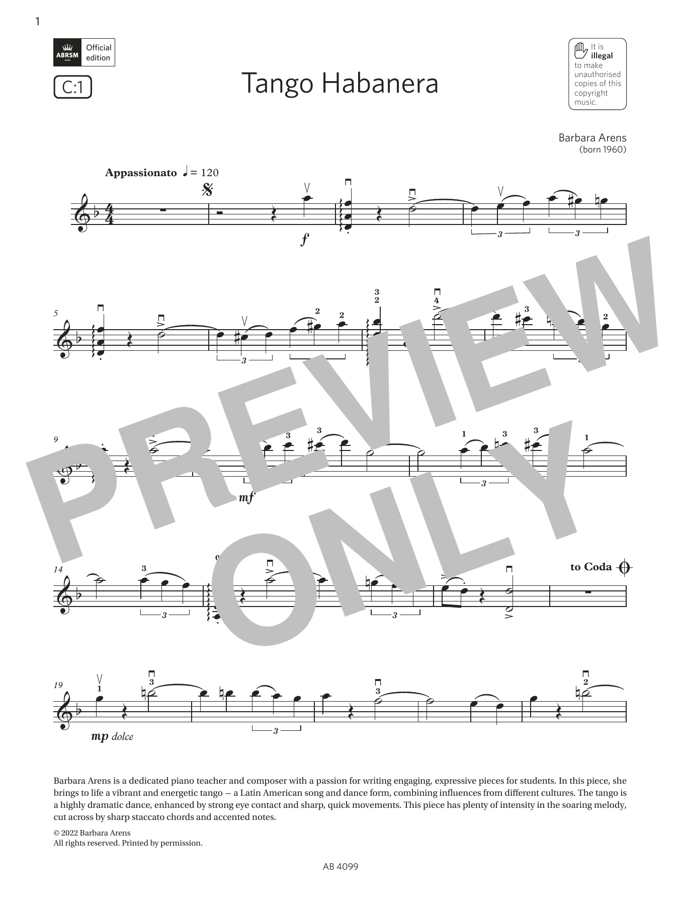 Produktbild zu:  Tango Habanera (Grade 5, C1, from the ABRSM Violin Syllabus from 2024) - Barbara Arens