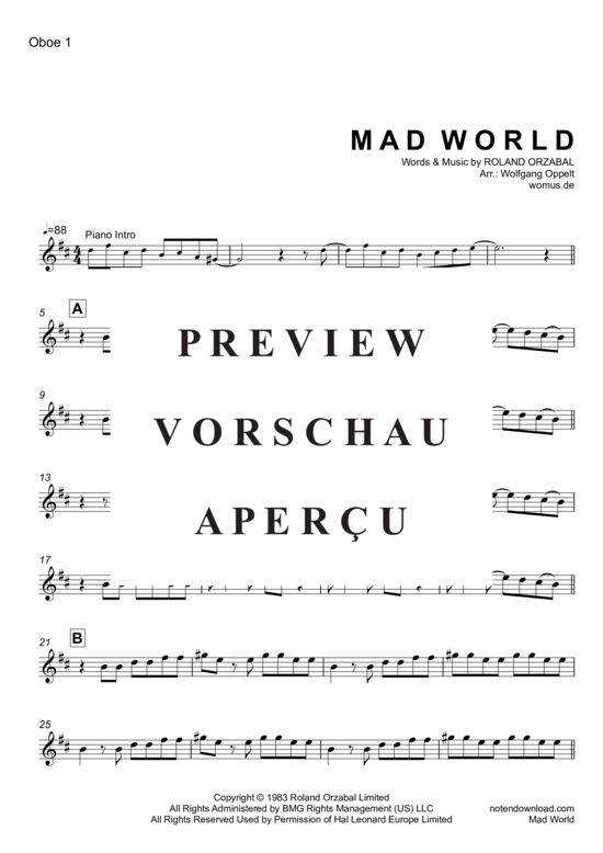 Product gallery: Page 6 of 10 Mad World , Andrews, Michael & Jules, Gary, (2x Oboe + piano, cello opt.)