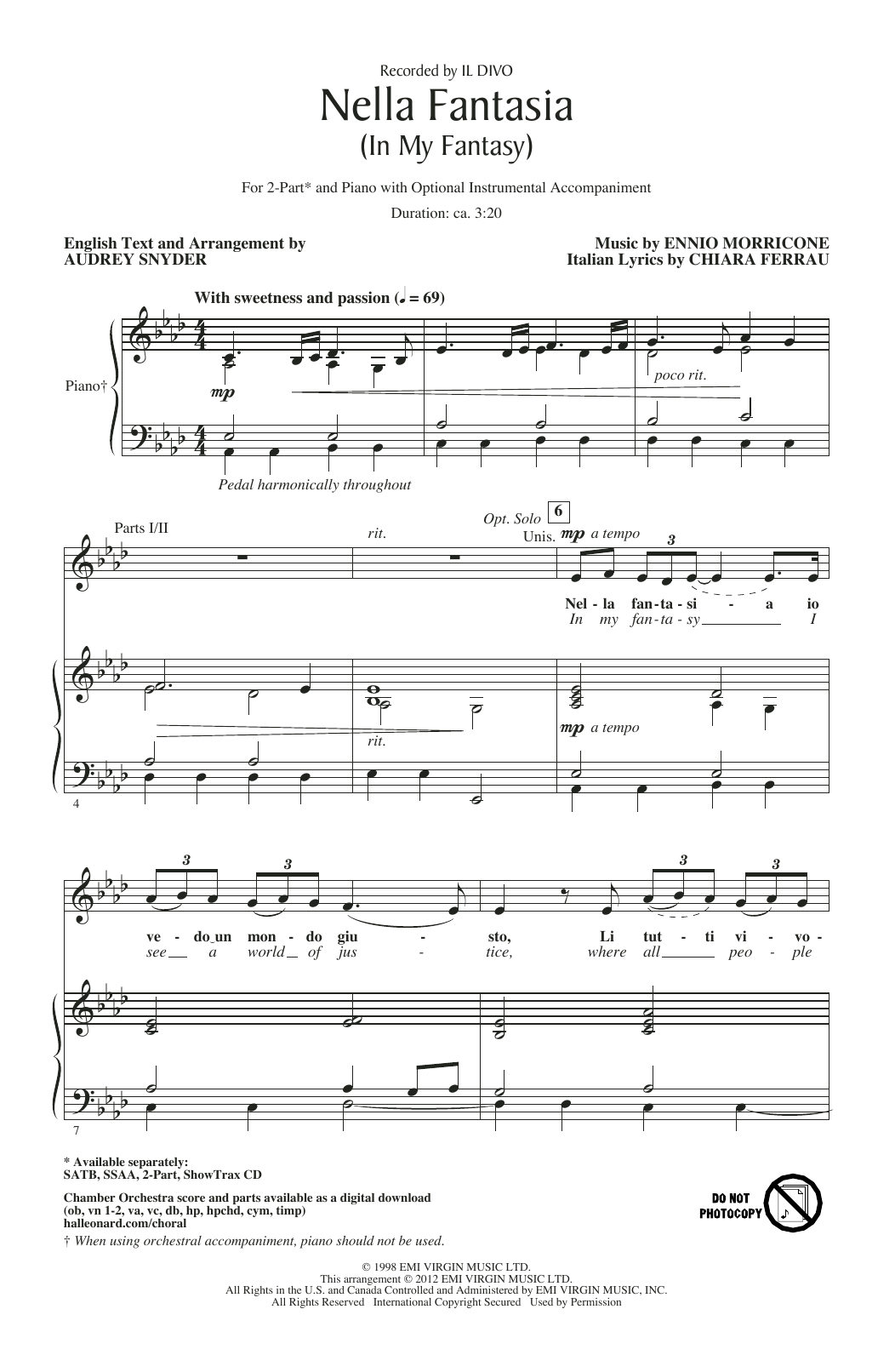 Produktbild zu: Nella Fantasia (In My Fantasy) (arr. Audrey Snyder)