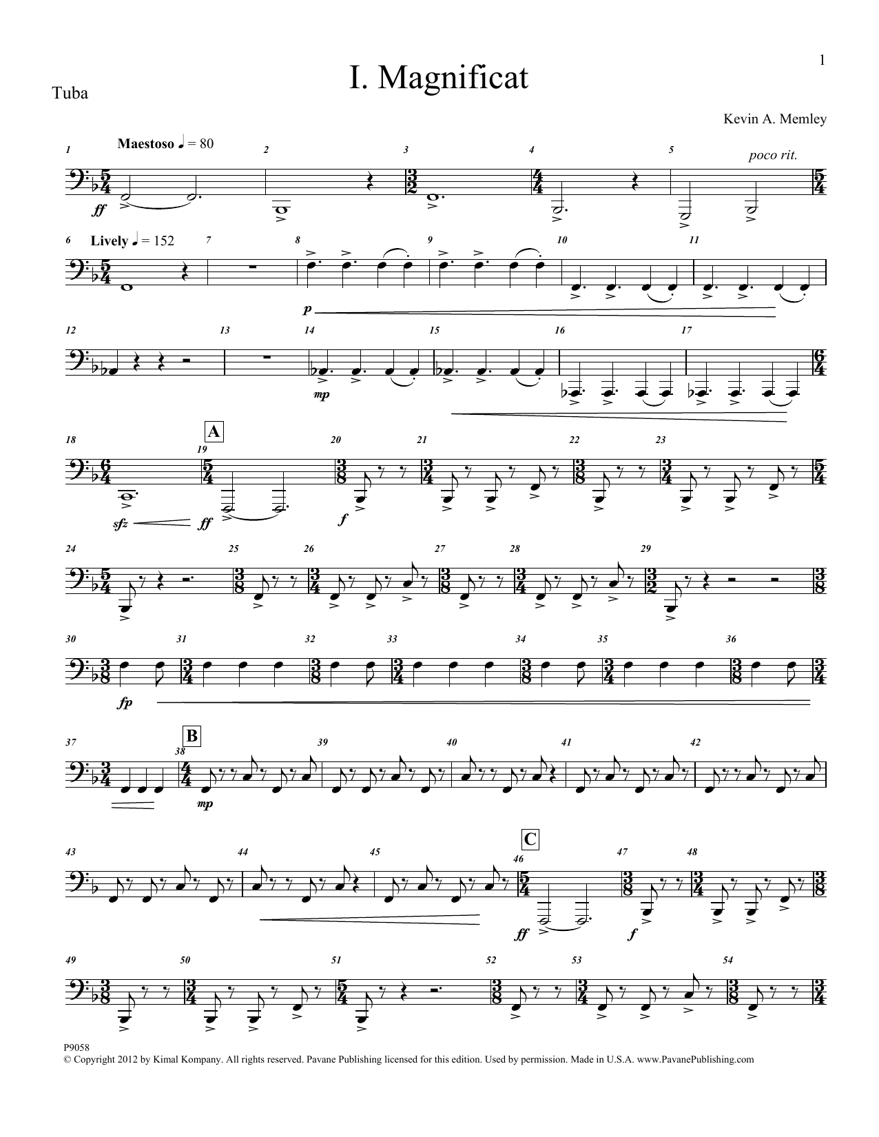 Product gallery: Page 1 of 1 Magnificat (Brass and Percussion) (Parts) - Tuba, Kevin Memley