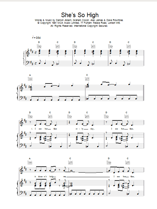 Produktgalerie: Seite 1 von 1 She's So High, Blur, Gesang, Gitarre, Klavier