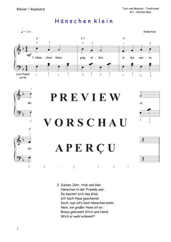 Produktgalerie: Seite 2 von 3 Hänschen Klein (F - Dur) , , Klavier Solo