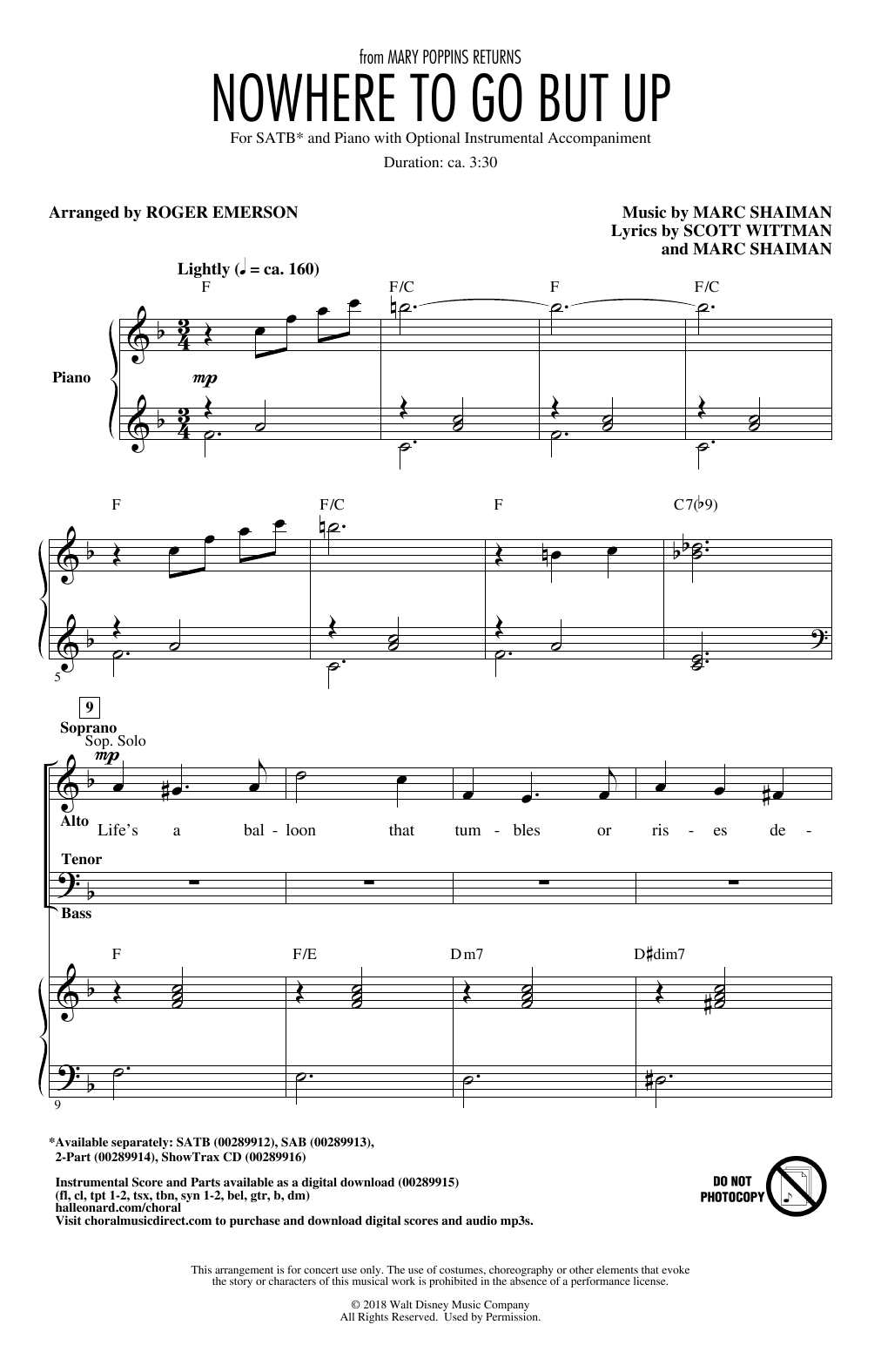 Product picture to: Nowhere To Go But Up (from Mary Poppins Returns) (arr. Roger Emerson)