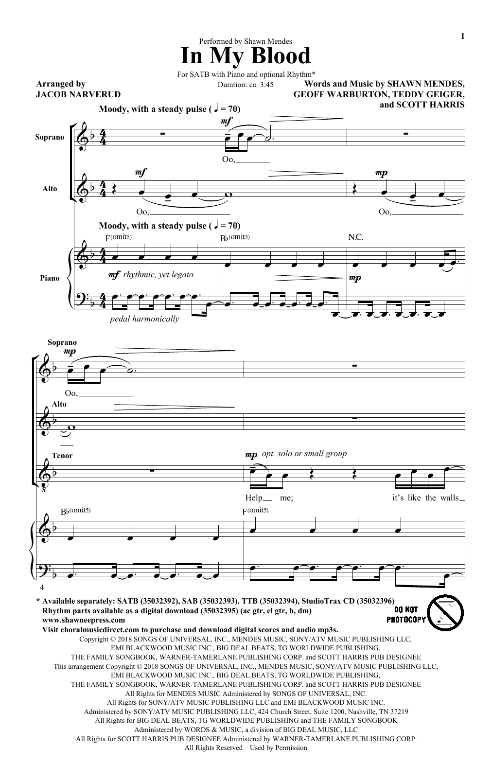Produktbild zu: In My Blood (arr. Jacob Narverud)