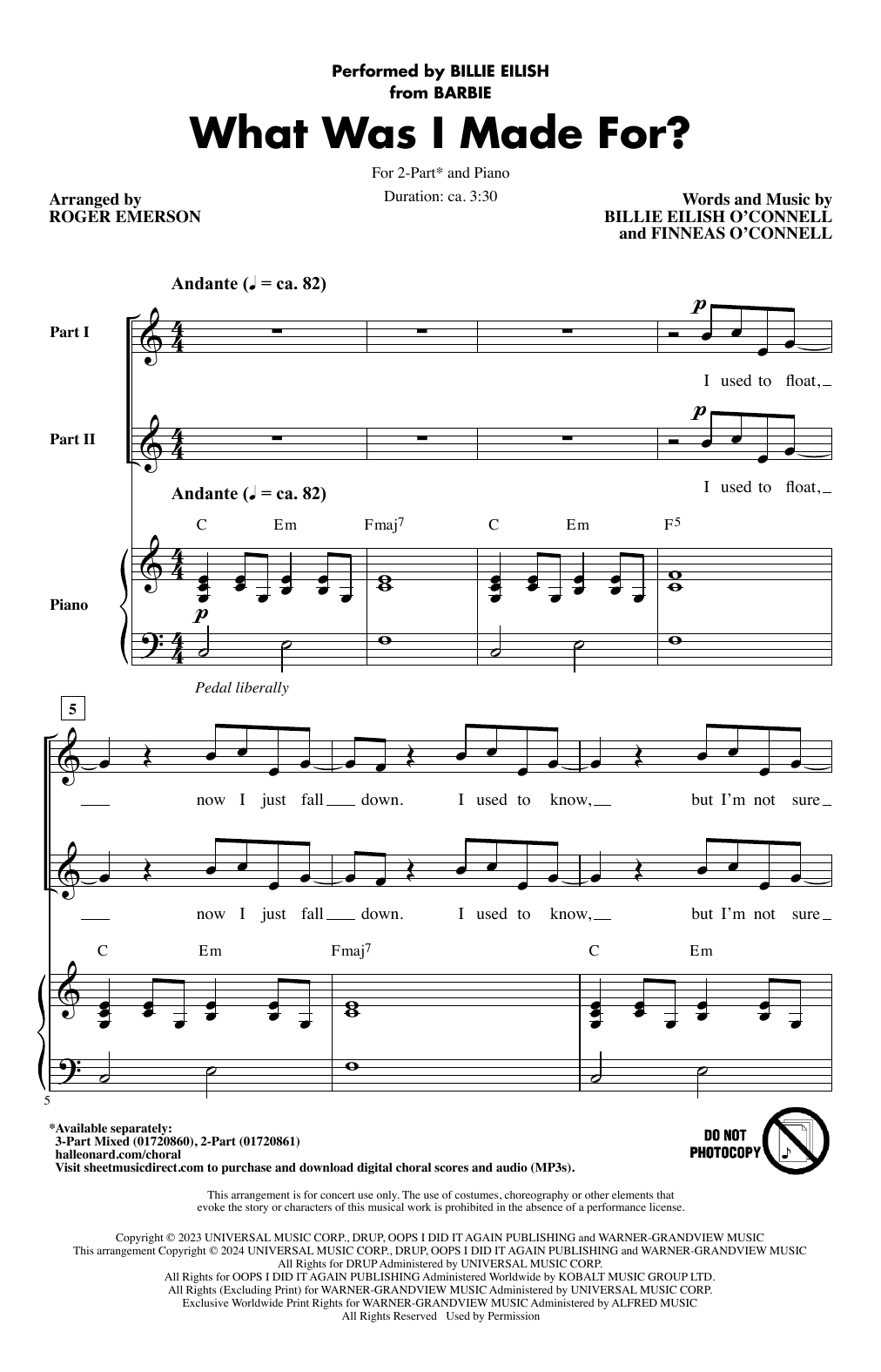 Product picture to: What Was I Made For? (arr. Roger Emerson)