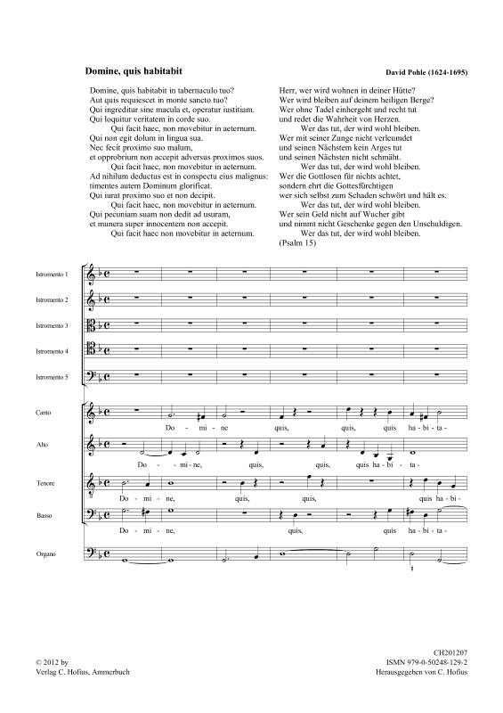 Produktgalerie: Seite 1 von 11 Domine quis habitabit (Psalm 15), , Gemischtes Ensemble SATB, 5 Instrumente und BC
