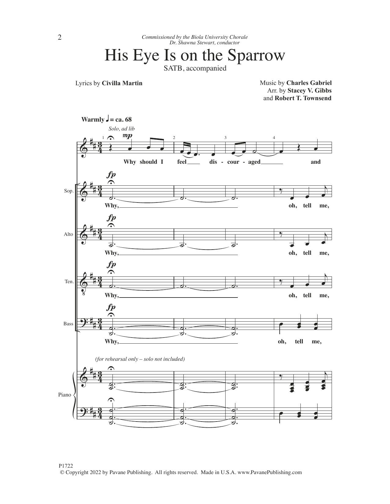 Product picture to: His Eye Is On The Sparrow (arr. Stacey V. Gibbs & Robert T. Townsend)
